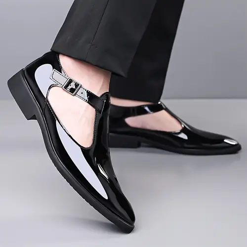 Men’s Glossy Black Casual Sandals - Synthetic Upper With Adjustable