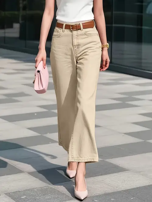 Women'S High-Waist Stretch Denim Jeans - Elegant Beige Wide-Leg Pants with Button Closure