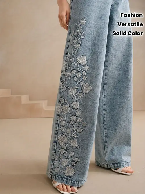 Women's Stretch Denim Straight-Leg Pants with Floral Embroidery