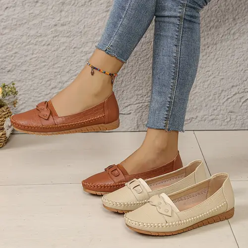 Women’s Slip-On Penny Loafers - Faux Round-Toe Flat Shoes With