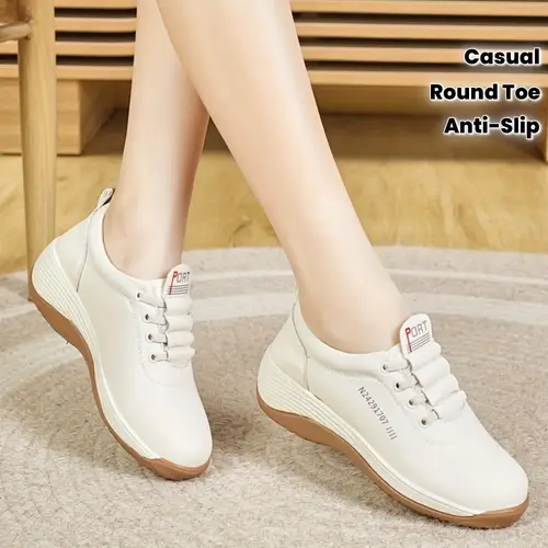 Women’s Simple Lace-Up Round Toe Wedge Thick-Soled Casual Shoes, Fashionable