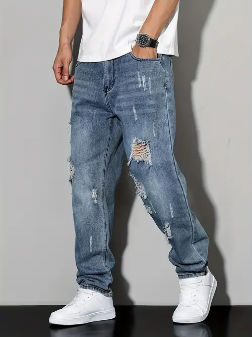 Men’s Distressed Jeans - Non-Stretch Denim Pants With Vintage Look,