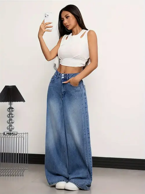Women'S High-Waisted Straight-Leg Jeans - Mid-Rise Wide Calf Design with Side Bone Stitching