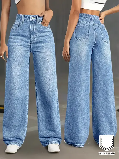 Women'S High-Waisted Stretch Straight-Leg Jeans - Non-See-Through Stretchy Pants with Side Pockets