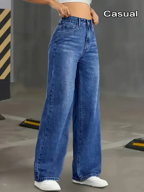 Women's High-Waisted Wide-Leg Straight-Leg White-Washed Denim Pants