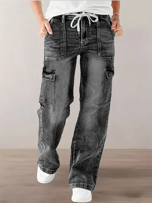 Women's Straight-Leg Mid-Rise Denim Pants - Washed Medium Blue Stretch Jeans with Multiple Side Pockets