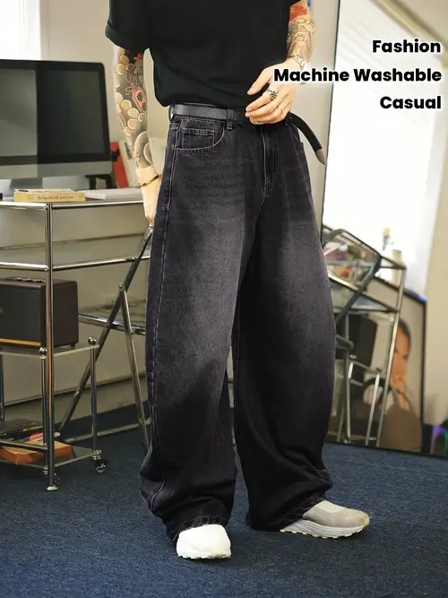 Men’s Vintage Washed Jeans - Non-Stretchy Streetwear Pants With Loose