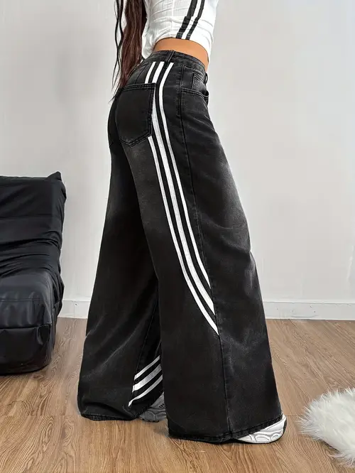Women'S High Street Striped Patchwork Jeans, Uniquely Designed Wide-Leg Trousers with Three Stripes