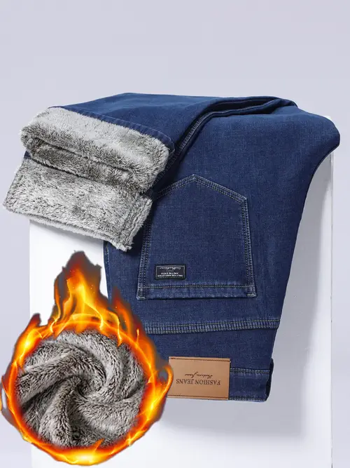 Men’s Heavy-Duty Winter Straight-Leg Jeans - Thickened Blue Denim Pants