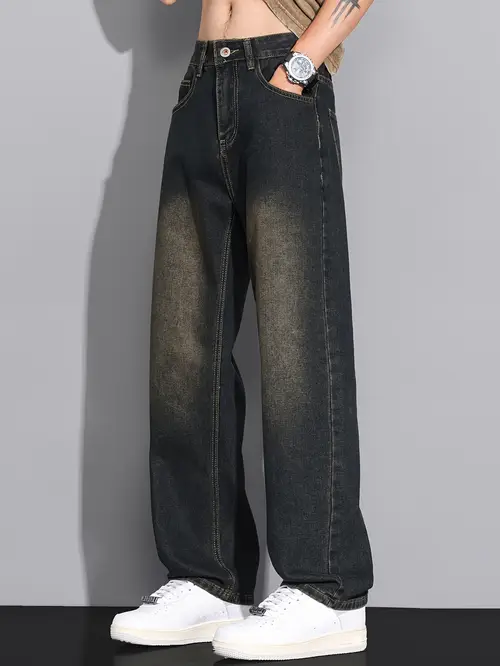 Gengyuanshi Men’s Vintage Washed Straight-Leg Jeans - Mid-Rise Distressed Denim