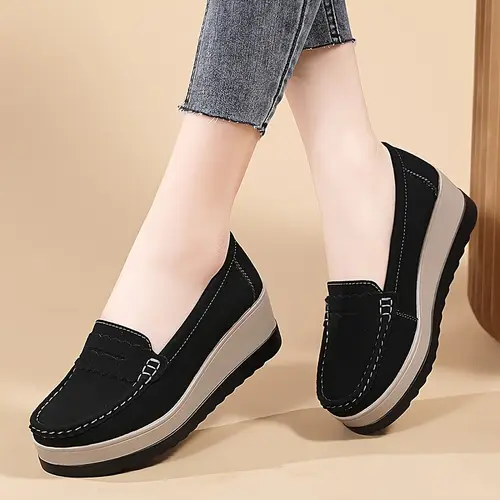 Women’s Black Slip-On Loafers - Comfortable Faux Cover Wedge Shoes