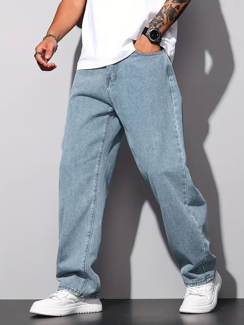 Men’s Loose Fit Jeans - Non-Stretch Straight-Leg Pants, Classic Blue