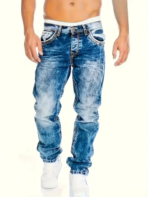 Men’s Trendy Loose-Fit Blue Jeans - Casual Denim With Snowflake