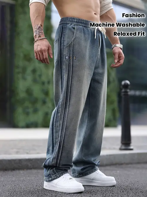 Men’s Vintage Blue Jeans - Loose Fit Non-Stretch Pants With