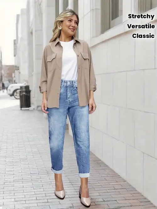 Women'S Stretch Mid-Rise Straight-Leg Jeans - Classic Washed Blue