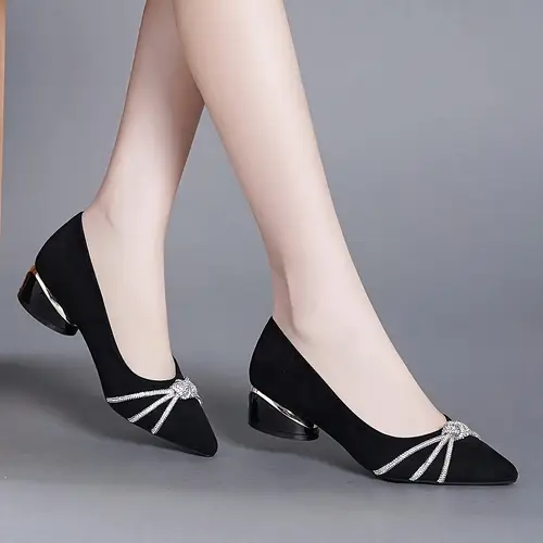 Women’s Comfortable Chunky Heel Pointed-Toe Flannel Pumps With Rhinestone Bow