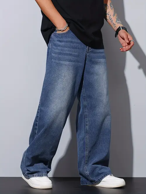 1Pc Men’s Loose Fit Distressed Denim Jeans, Washed Wide Leg