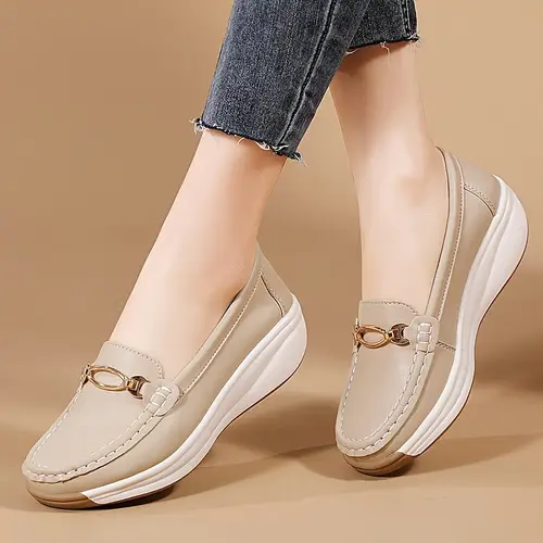 Women’s Beige Slip-On Flats With Thick Platform - Synthetic Cover
