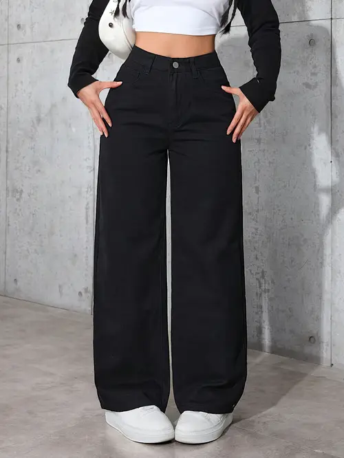 Women'S High-Waisted Wide-Leg Jeans - Elegant Loose-Fit Straight-Leg Pants with Button Closure