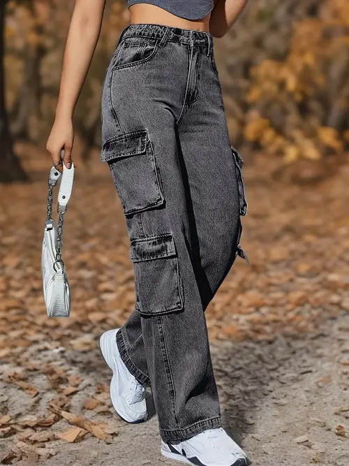 Women's High-Waist Multi-Pocket Cargo Jeans, Dark Gray Washed Straight Leg Denim
