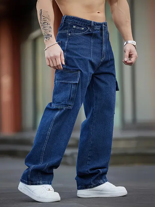 Loose Men’s Washed Dark Blue Cargo Jeans, Casual Multi-Pocket Design,