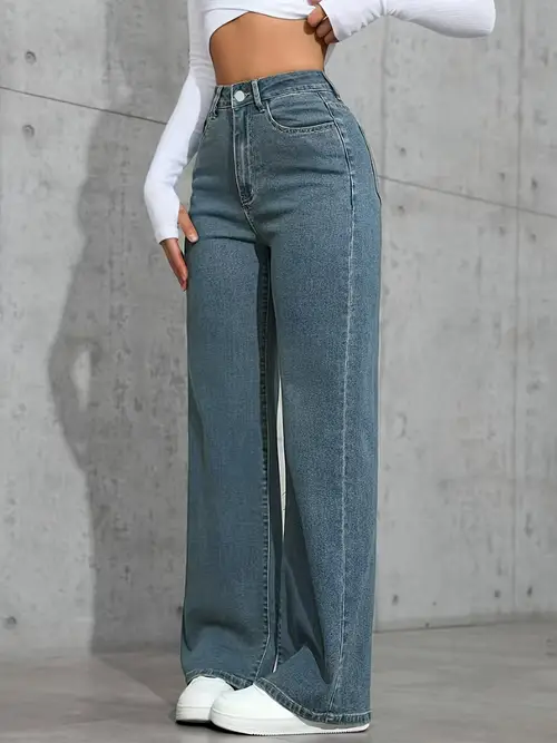 Ladies' stretch high-waisted blue straight-leg denim trousers with pockets