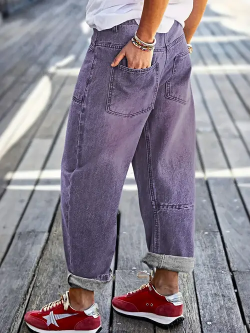Women's 2025 New Washed Purple Boyfriend Jeans - Wide-Leg Tapered Trousers with Belt Loops & Cargo Pockets
