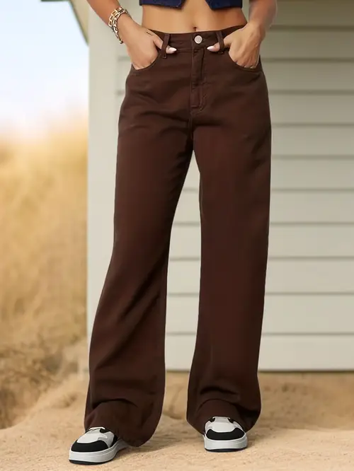 Women's Elegant Wide-Leg Floor-Length Brown Chocolate Brown Wide-Leg Jeans