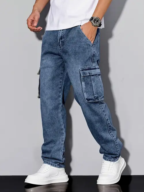 American High Street Handsome Vintage Multi-Pocket Cargo Jeans, Loose Straight