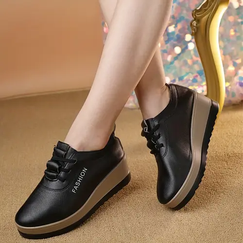 Women’s Black Platform Sneakers With Thick Cushioned Sole - Casual