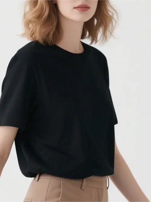 Women’S Solid Black Short Sleeve T-Shirt - Casual Round Neck