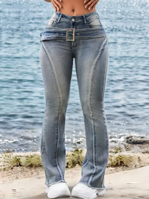 SHENGSHENGMAN Women's Stretchy Slim-Fit Vintage Flared Jeans with Mid-Rise Belt Loop Waist