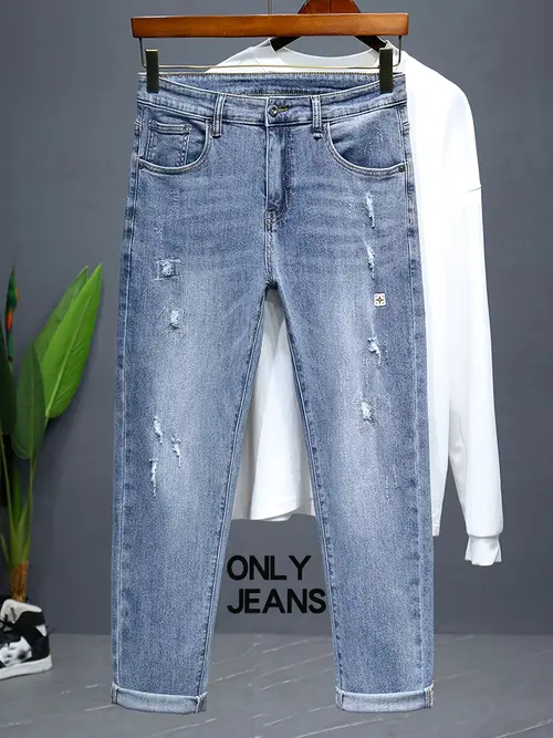 Men’s Light Wash White-Washed Pants - Heavy-Duty Stretch Slim-Fit Ripped