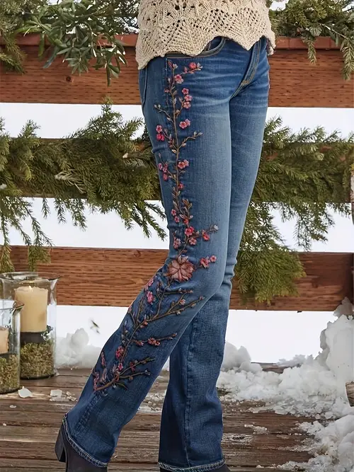 Women'S Vintage Floral Embroidered Blue Jeans - Stretch Denim with Intricate Pink & Red Floral Design