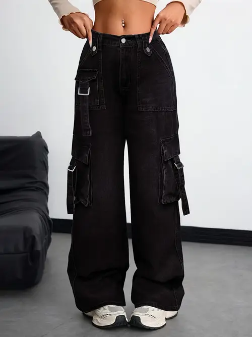 SWAKAKI Women'S High-Waisted Straight-Leg Cargo Jeans with Multi-Pocket Design