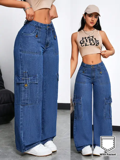 Women's Stretchy Wide-Leg Jeans - Workwear Pants with Multiple Utility Pockets