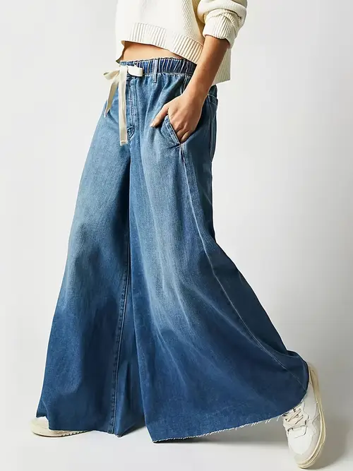 Women's Wide-Leg Bell-Bottom Jeans Pants - Washed Denim Bell Flare Trousers