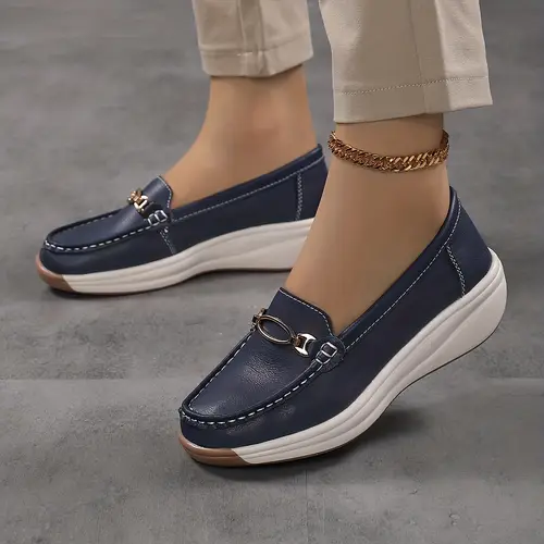 Women’s Elegant Pu Penny Loafers - Soft Sole Round Toe