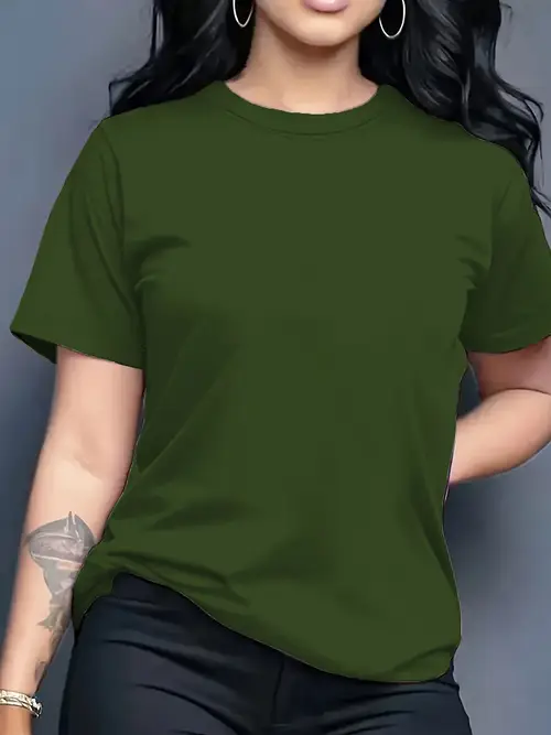 Women’S Casual Solid Color Crew Neck T-Shirt - Soft Polyester,