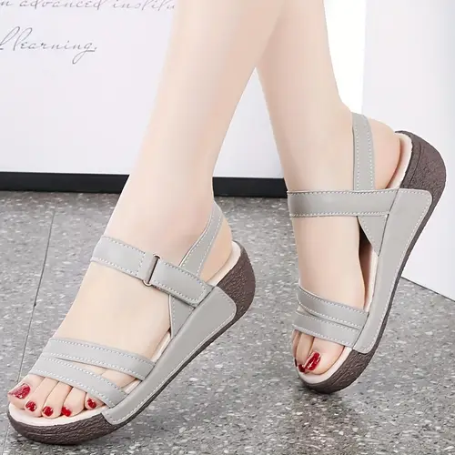 Women’s Solid Color Platform Sandals, Ankle Buckle Strap Casual Soft