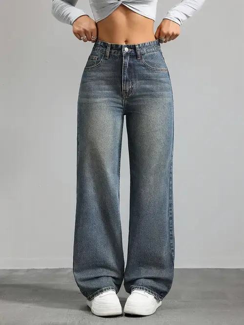 Women's Washed Denim High-Waist Straight-Leg Loose-Fit Casual Pants