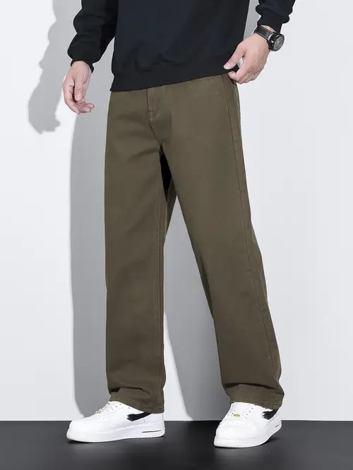 Men’s Heavy-Duty Straight-Leg Relaxed-Fit Brown/Black Washed Jeans - All-Season Mid-Rise