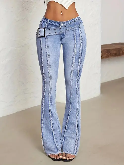 Women'S Mid-Rise Flare Jeans with Decorative Belt - Stretch Denim, Raw Hem Detail, Button Closure