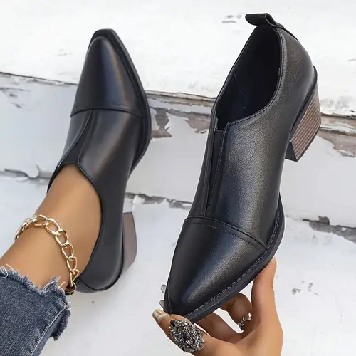 Women’s Slip-On Pointed Toe Chunky Mid-Heel Pumps - Glossy Black