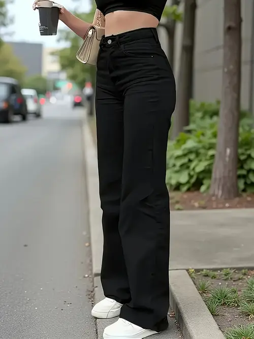 Women's High-Waisted Stretch Skinny Bell-Bottom Jeans - Black Tummy Control Bootcut Pants with Mid-Rise Waist