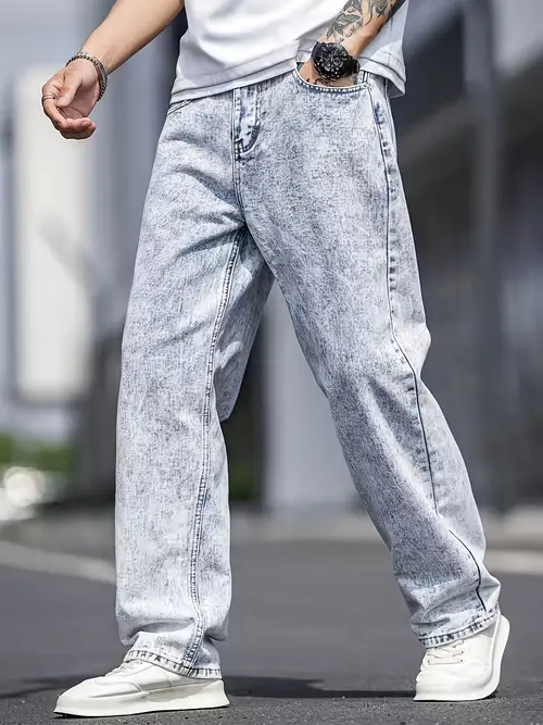Men’s Light Wash Distressed Straight-Leg Jeans - Classic Blue Denim
