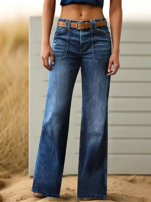 Women'S Stretchy Straight-Leg Jeans - Classic Wide-Leg Workwear Washed Blue Casual Pants with Pockets
