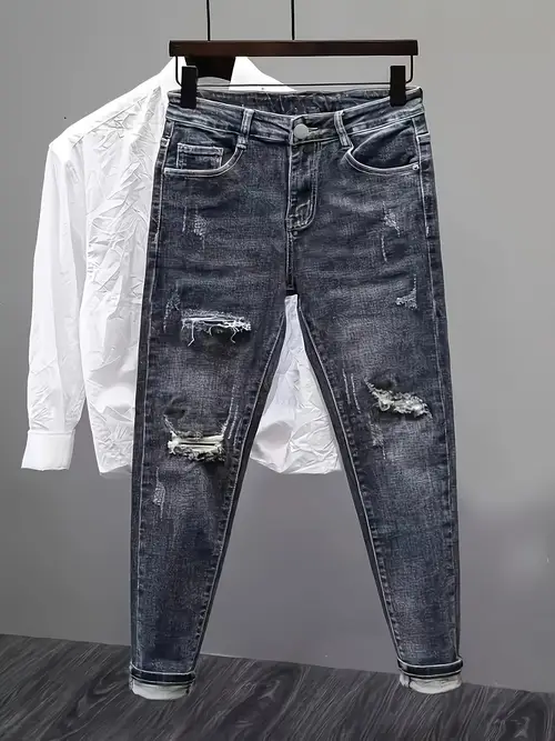 Men’s Heavyweight Washed Skinny-Fit Distressed Blue-Gray Jeans - -Wash Vintage