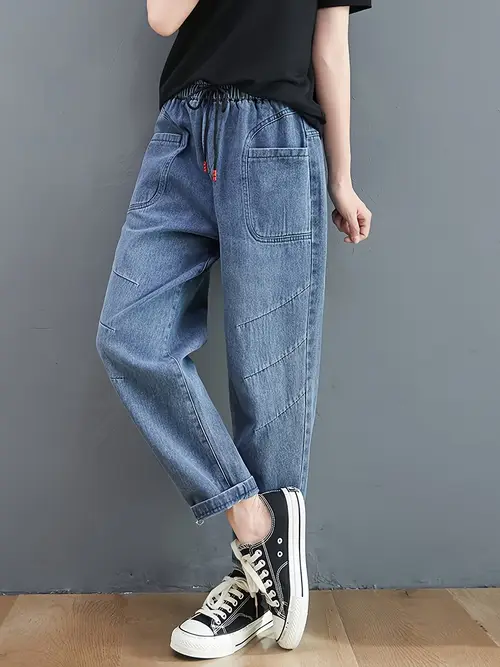 's Oversized Wide-Leg Harem Jeans Pants - Washed White Belted Waist Trousers
