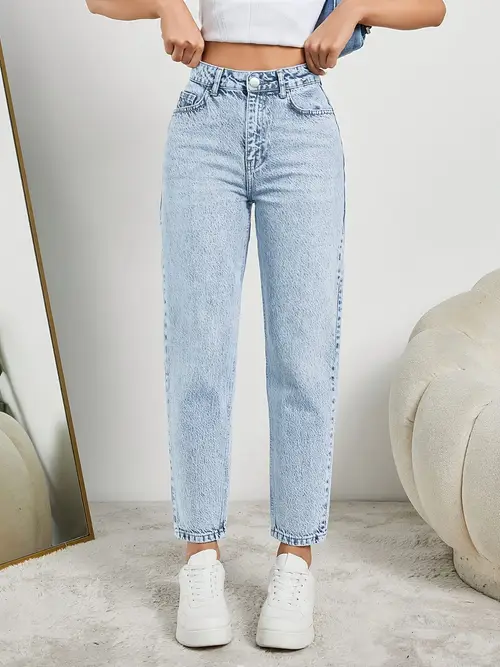 Women'S High-Waist Tapered Jeans - Stretch Denim Straight-Leg Pants with Pockets
